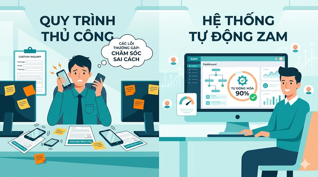 Hệ thống chăm sóc khách hàng qua Zalo: Trước (thủ công) và Sau (tự động 90%)
