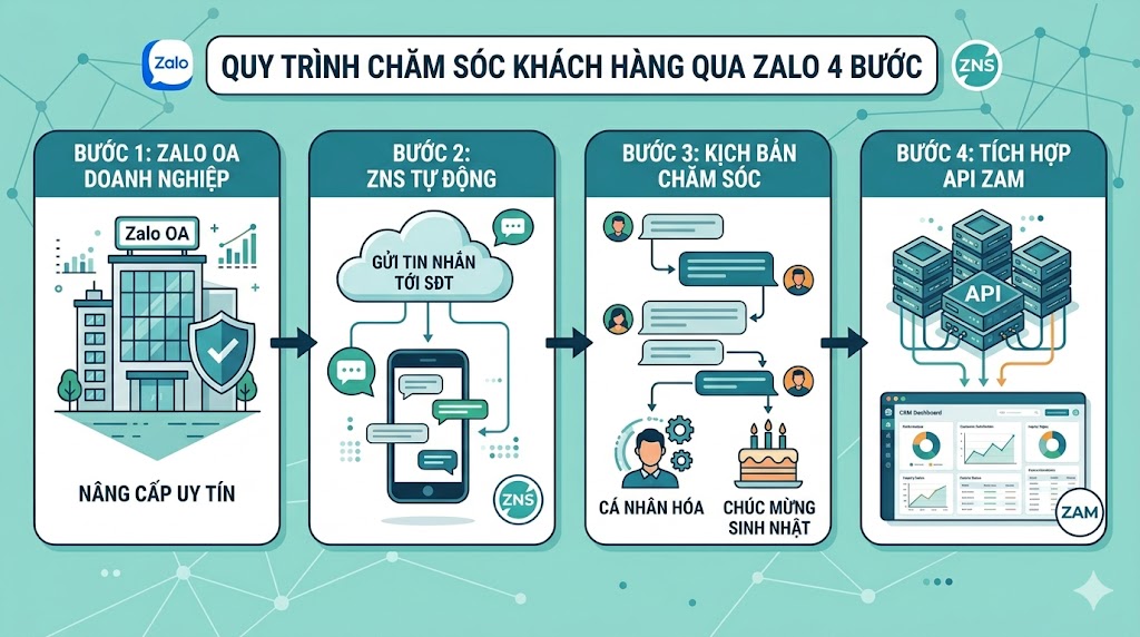 Sơ đồ quy trình 4 bước chăm sóc khách hàng bằng Zalo OA và ZNS của ZAM