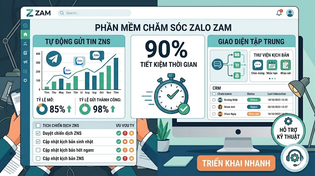 Giao diện chi tiết phần mềm ZAM với các chỉ số hiệu suất tự động gửi tin ZNS